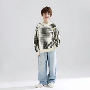 男童毛衣加绒加厚一体绒黑白条纹酷儿童上衣新款秋冬款休闲童装