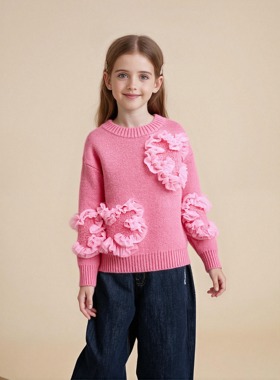 女童毛衣秋装上衣秋季新款女孩洋气花朵针织衫儿童秋款秋冬打底衫