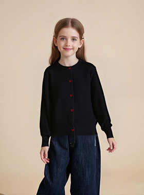 韩版女童纯色爱心开衫秋冬新款圆领设计中大童女孩洋气针织外套