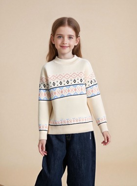 女童洋气针织一体绒保暖圆领新款时尚中大童毛衣大牌同款打底衣潮