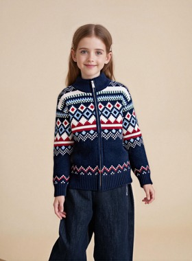 女童毛衣秋冬费尔岛复古中大儿童装针织开衫外套洋气撞色拉链开衫