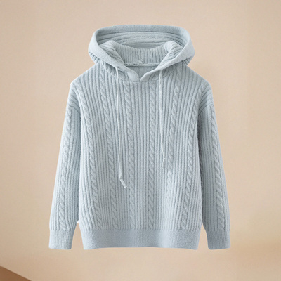 男女童清新麻花针织连帽柔软休闲风抽绳调节简约宽松舒适保暖毛衣