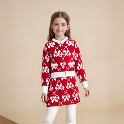 女童中国风针织蝴蝶套装过年女童两年套经典秋冬款洋气红色毛衣