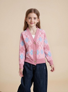 中小女童舒适新款针织外搭开衫厚宝宝春秋毛衣时髦洋气外套空调衫