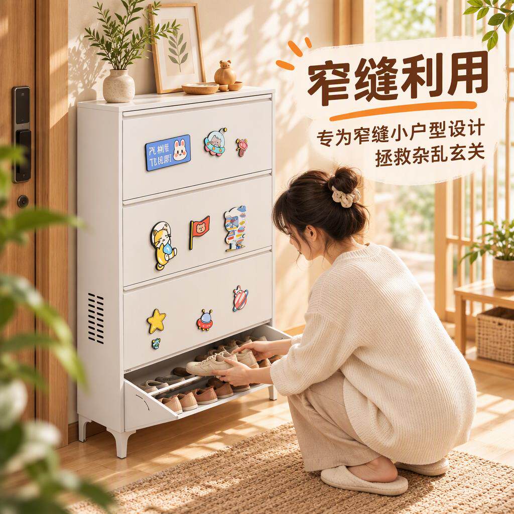 20CM入户门白色钢制鞋柜家用多层抽屉式收纳储物柜窄缝适用防尘柜