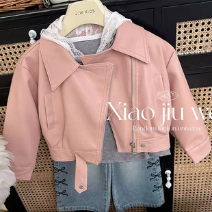 小女孩儿童春秋季装甜美粉色翻领拉链短款加绒软皮PU外套夹克皮衣