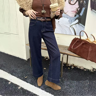 女小个子九分弹力奶奶裤 加绒宽松直筒牛仔裤 业2025秋冬新款 韩尚裤