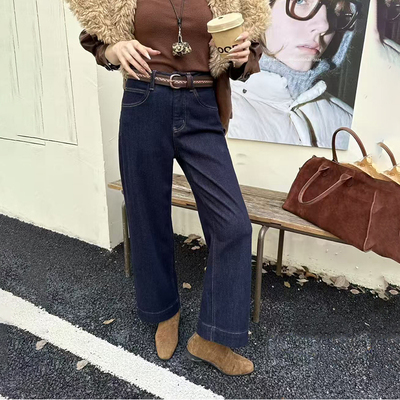 高腰弹力九分直筒牛仔裤垂感显瘦