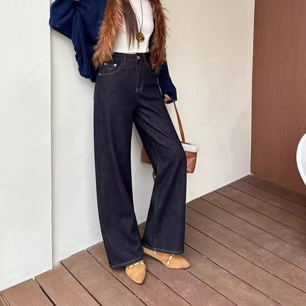 韩尚裤业2025冬季新款加绒加厚防褪色宽松阔腿牛仔裤女垂感直筒裤