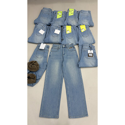 超软四面弹！2025冬季加绒加厚浅蓝色牛仔裤女长裤窄版直筒裤阔腿