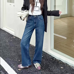 业2025冬季 女高腰直筒长裤 新款 加绒阔腿牛仔裤 宽松垂感窄版 韩尚裤