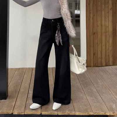 黑色加绒加厚冬季阔腿牛仔裤显瘦