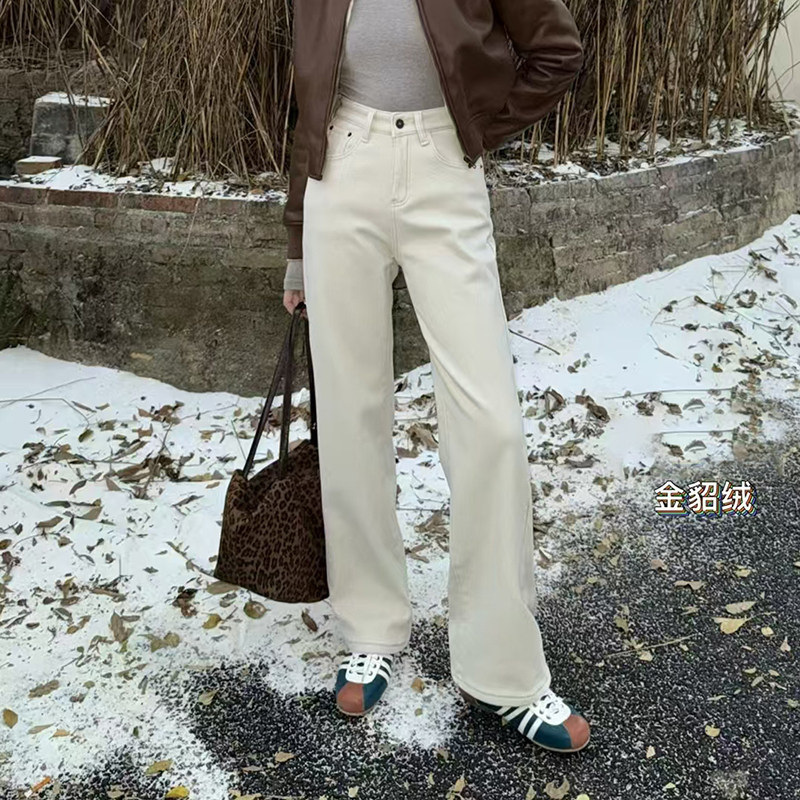 【爆】2024秋冬新款高腰宽松白色加绒直筒休闲牛仔裤女窄版阔腿裤