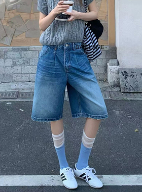韩尚裤业2026夏季新款宽松阔腿牛仔五分裤女高腰百搭直筒短裤中裤