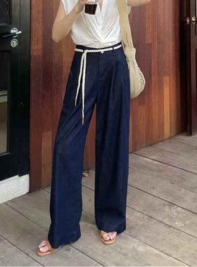 【68583】天丝亚麻！蓝家 夏藏青色窄版阔腿牛仔裤女宽松直筒薄款