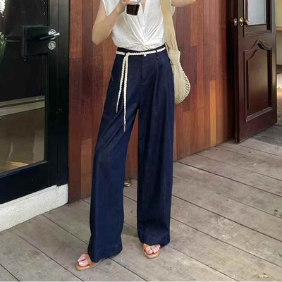 【68583】天丝亚麻！蓝家 夏藏青色窄版阔腿牛仔裤女宽松直筒薄款