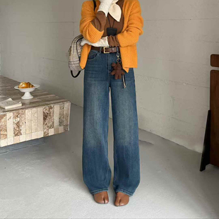 女垂感高腰直筒长裤 韩尚裤 阔腿牛仔裤 加绒加厚宽松窄版 业2025冬季