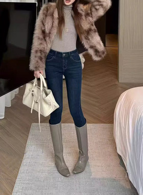 韩尚裤业2025冬季新款高腰弹力加绒加厚修身小脚牛仔裤女九分靴裤
