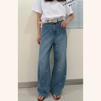 【XO家】雪花钉珠烫钻弯刀牛仔裤女 !高腰直筒阔腿裤垂感宽松拖地