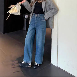 韩尚裤业2025冬季新款宽松加绒直筒牛仔裤女垂感小个子九分奶奶裤