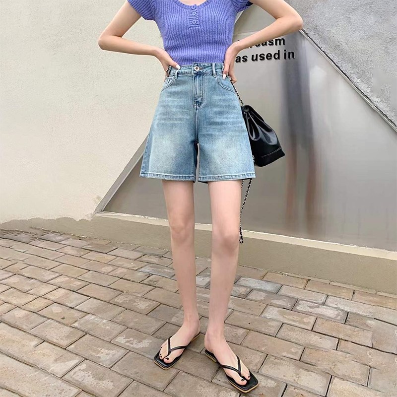 韓尚褲業(yè)2024新款五分褲女夏薄款外穿小個(gè)子直筒牛仔中褲美式復(fù)古