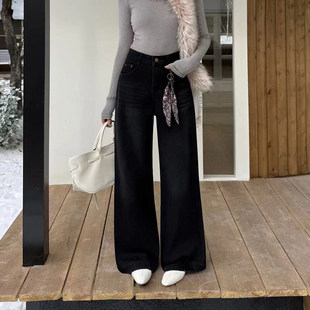 女宽松直筒长裤 韩尚裤 加绒加厚黑色宽松垂感阔腿裤 新款 业2025冬季