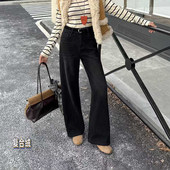 新款 长裤 加绒加厚窄版 女高腰直筒裤 宽松阔腿牛仔裤 爆犀牛2025冬季