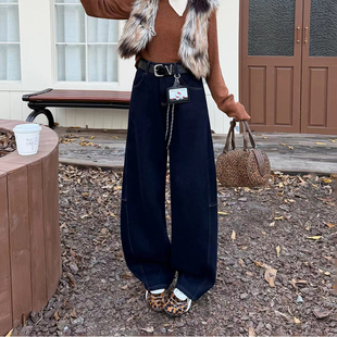女香蕉阔腿裤 韩尚裤 宽松防褪色加绒加厚弯刀牛仔裤 新款 业2025冬季