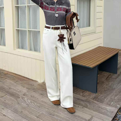 加绒加厚白色窄版休闲阔腿牛仔裤