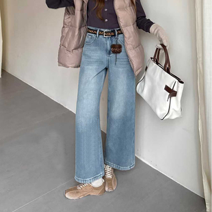 女小个子九分直筒裤 韩尚裤 浅蓝加绒加厚阔腿牛仔裤 新款 业2025冬季
