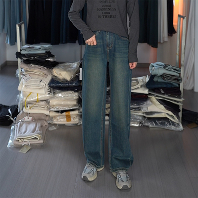 【56970】阿里莎莎2025秋季新款直筒裤女宽松阔腿牛仔裤复古蓝