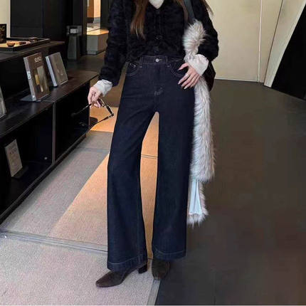 韩尚裤业2025冬季新款防褪色宽松加绒加厚窄版阔腿牛仔裤女直筒裤