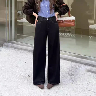 女牛仔裤 加绒植绒薄绒黑色高腰阔腿裤 2025秋冬新款 黑金直筒裤