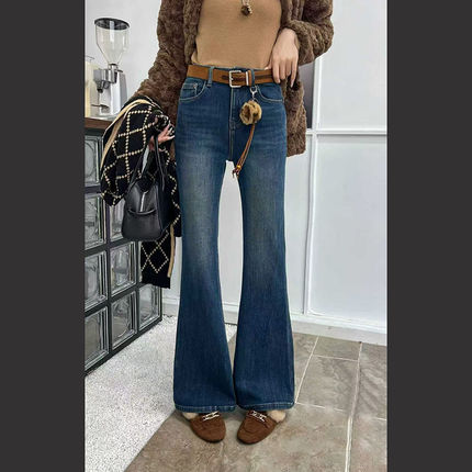 韩尚裤业2025冬季新款高腰弹力修身微喇牛仔裤女加绒显瘦喇叭长裤