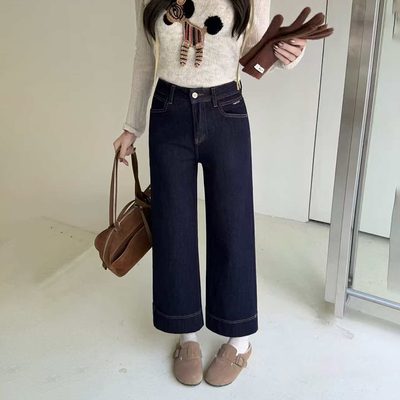 植绒奶奶裤！2025秋冬四面弹小个子窄版直筒裤女九分丹宁色牛仔裤