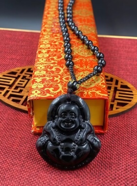 2026年新款黑色笑口佛吊坠带珠子项链佛牌男女情侣百搭配饰毛衣链