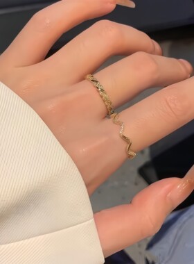 金色条纹戒指2件套网红冷淡风戒指小众设计素圈指环开口情侣款戒