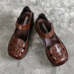 复古罗马凉鞋 坡跟妈妈凉鞋 包头牛筋底中年女鞋 新款 女真皮软底夏季