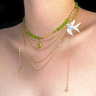 SU浮空岛「山鸟集」原创小众高级感白贝母锁骨链橄榄绿色串珠项链