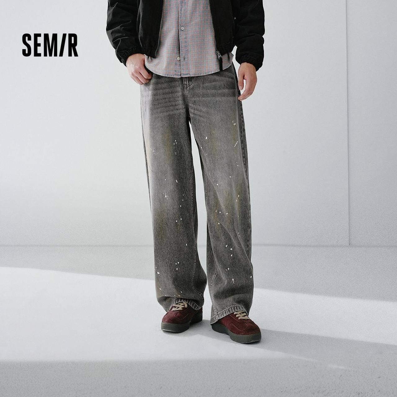 森马宽松阔感弯刀弧形牛仔裤男款