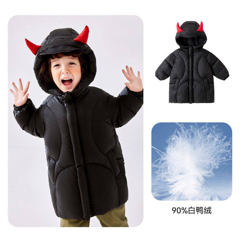 男童中长款羽绒服冬装防水防污女童防油白鸭绒外套冬季三防童装潮