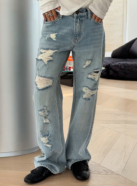 秒发正品诗歌兰99856破洞牛仔裤百搭直筒小众时尚25早秋新款女装