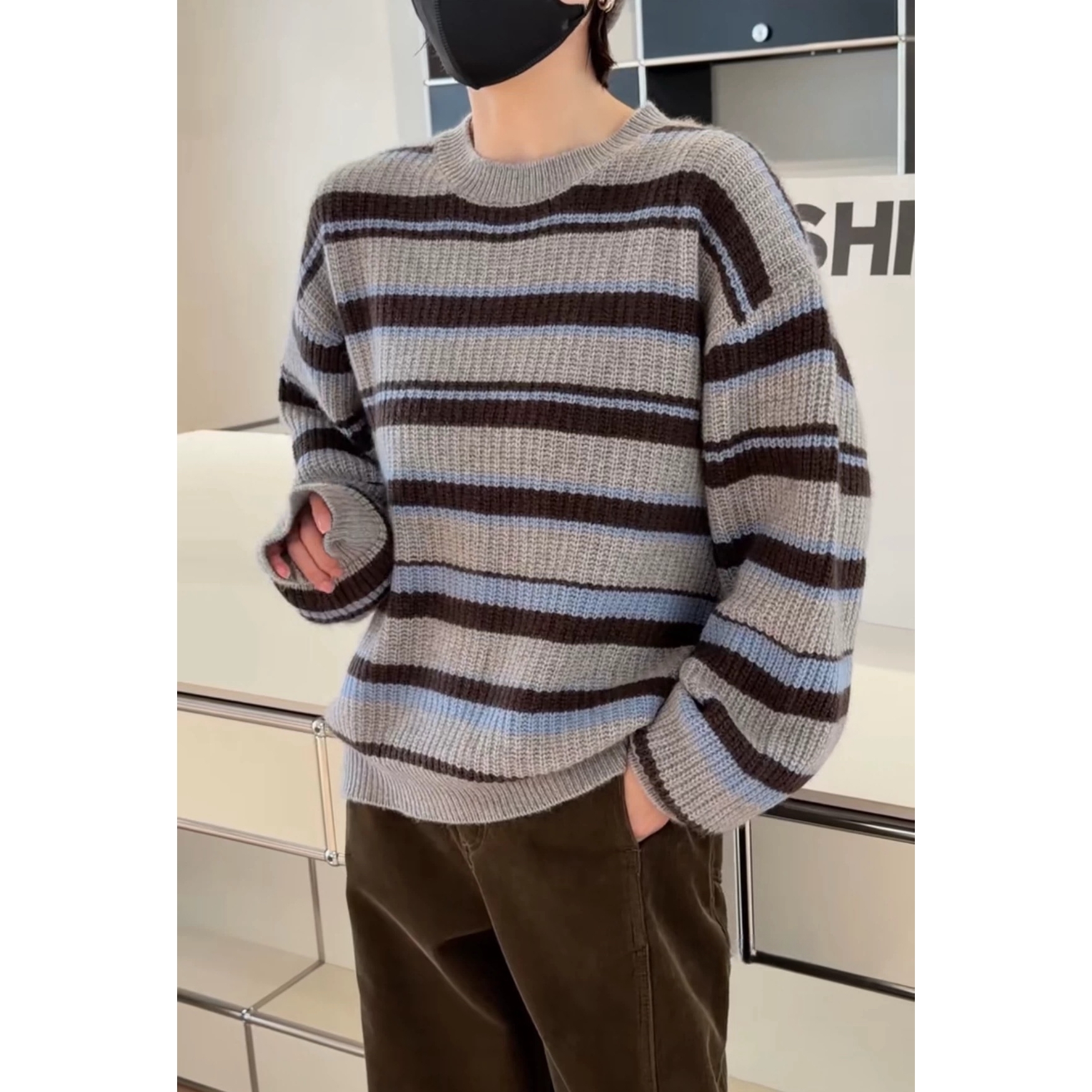 现发诗歌兰5961慵懒休闲舒适温柔圆领休闲条纹毛衣女25年冬季新款