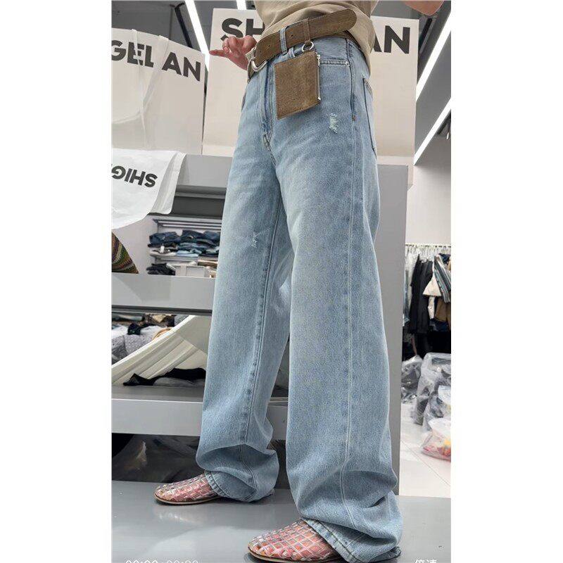秒发诗歌兰25013潮流巨美浅蓝色直筒磨破显瘦牛仔裤2026春季女装