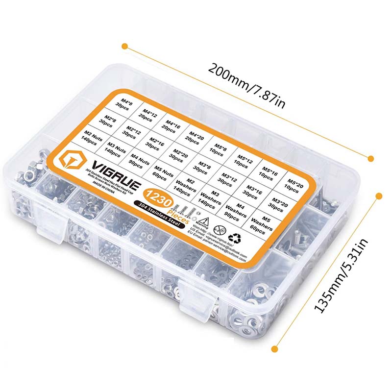 1230个不锈钢家用盒装螺丝螺母垫片套装平头圆头沉头内六角螺栓