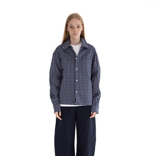 LarvaCosmos｜简单深蓝色复古格纹宽松衬衫 短外套