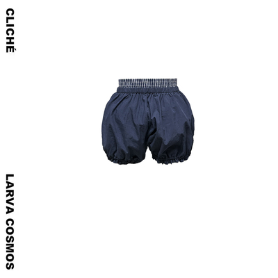 【清仓福利】LarvaCosmos｜复古格纹拼接深蓝色松紧腰花苞短裤