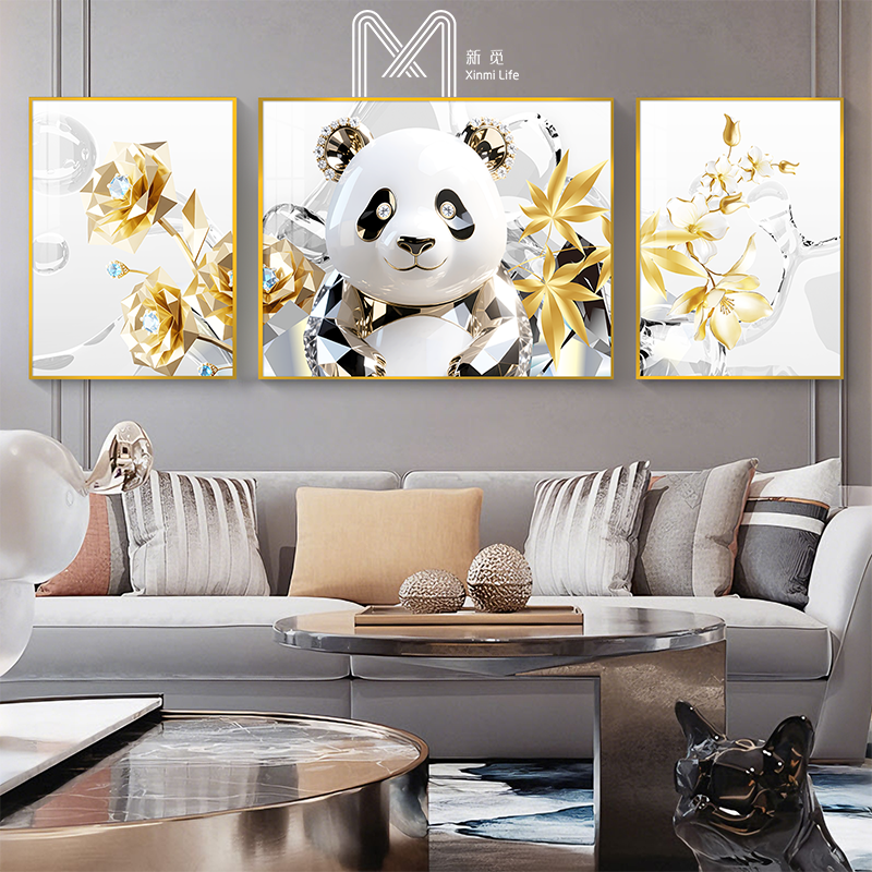 轻奢熊猫花花客厅装饰画高端酒店卧室书房背景墙沙发墙晶瓷三联画,家居饰品,镜面画,淘宝优惠券,粉丝福利购,淘宝优惠卷