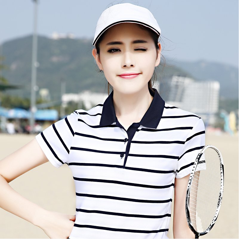 爆款拼色条纹翻领女T恤衫夏装中老年休闲运动上衣t纯棉半袖POLO衫