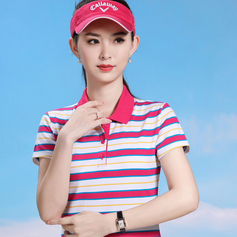 时尚休闲条纹女t恤上衣2026夏纯棉柔软短袖polo衫大码翻领运动衫t